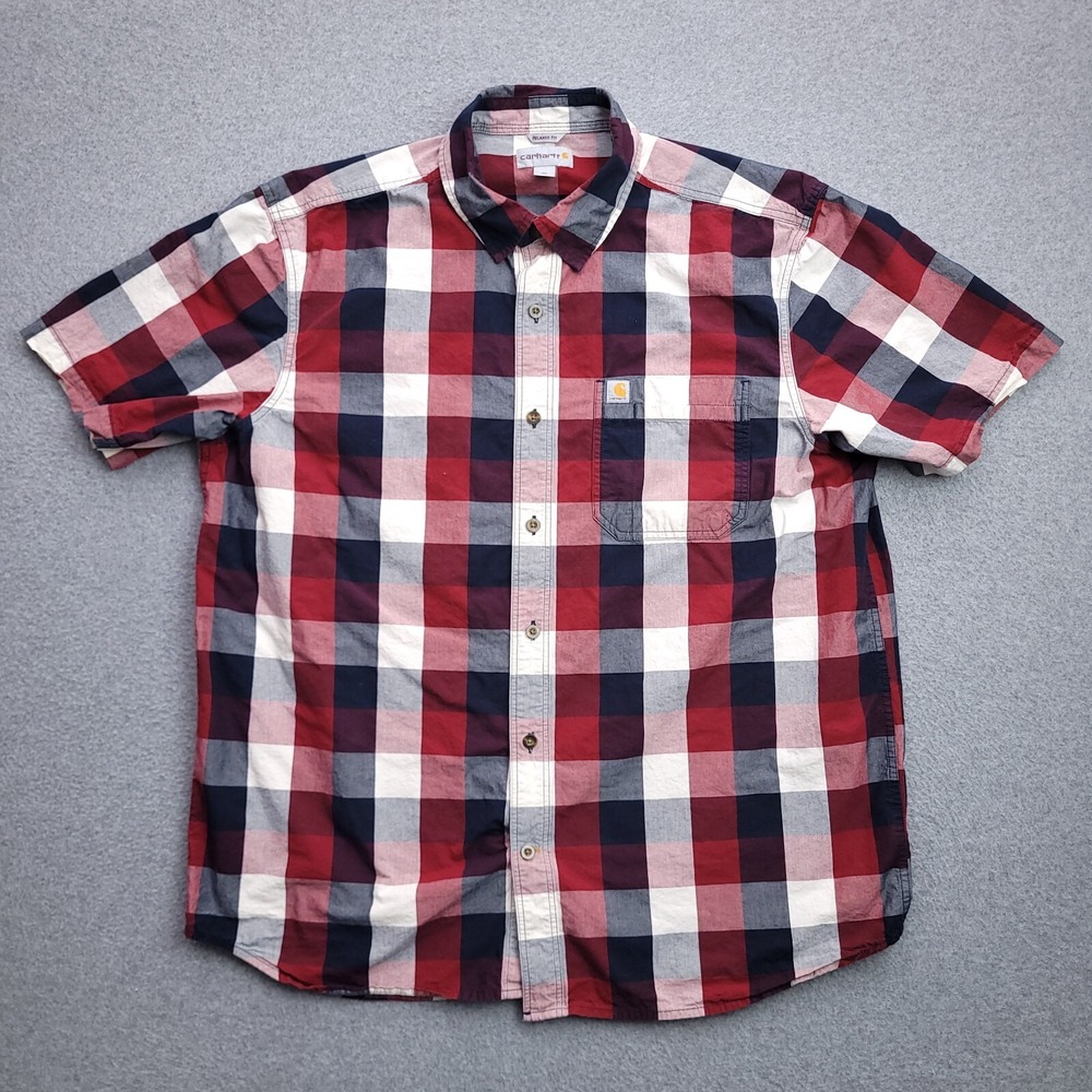 Carhartt Button Up Work Shirt XL Relaxed Fit Plaid Cotton Pocket Logo Mens